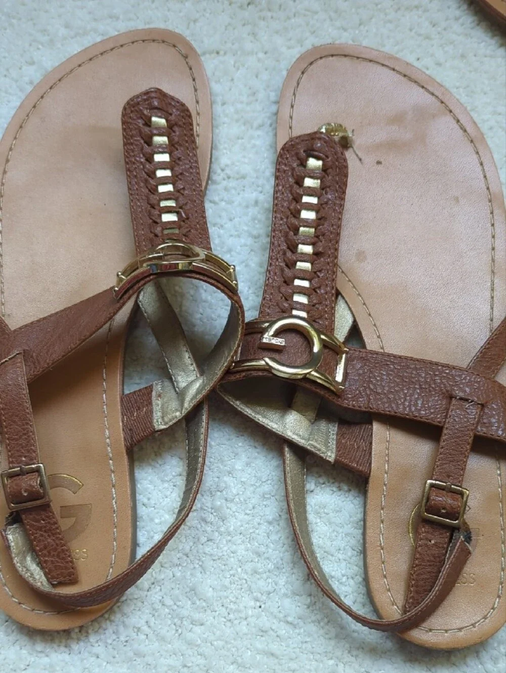 G by Guess Brown and Black T-Strap Sandals with G Hardware